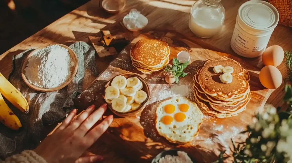 Are Banana Pancakes Healthier Than Regular Pancakes? 2 Nutritional comparison infographic showing higher fiber, potassium and nutrients in banana pancakes versus higher refined carbs in regular pancakes