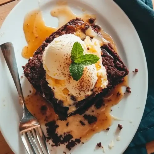 Sticky Toffee Pudding with Brownie: Decadent Fusion Dessert 3 Sticky Toffee Pudding with Brownie PHOTO 6 base and glossy toffee sauce, served with vanilla ice cream on a white plate