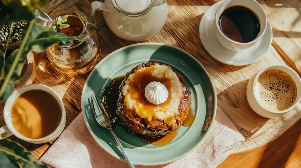 What Goes Well with Sticky Toffee Pudding? Perfect Pairings 3 Sticky toffee pudding served with complementary beverages: English breakfast tea, Pedro Ximénez sherry, and espresso coffee