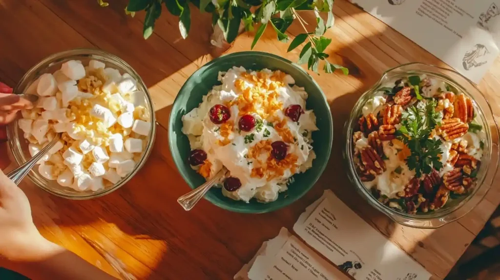 What is Frog Eye Salad? The Sweet Pasta Dish with a Quirky Name 2 Three regional variations of frog eye salad showing Midwestern, Utah/Mormon, and Southern style differences in ingredients and presentation