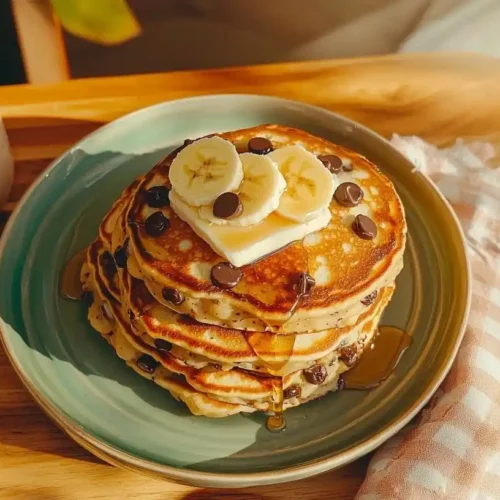 Banana Chocolate Chip Pancakes: Easy Morning Magic for Families 3 Stack of fluffy banana chocolate chip pancakes photo 024 with melting butter and maple syrup on a sage green plate