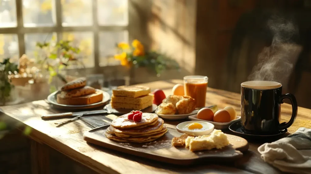 Breakfast.A variety of breakfast dishes including eggs, pancakes, toast, fresh fruit, and coffee on a cozy table