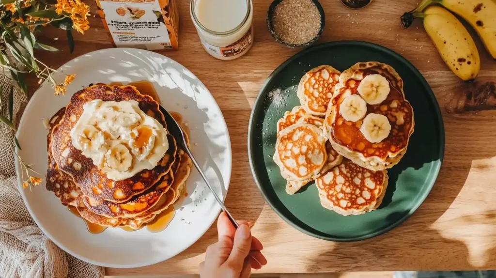 How do you make Kylie Jenner's banana pancakes? 2 Side-by-side comparison of traditional large banana pancakes versus Kylie Jenner's silver-dollar sized mini pancakes.