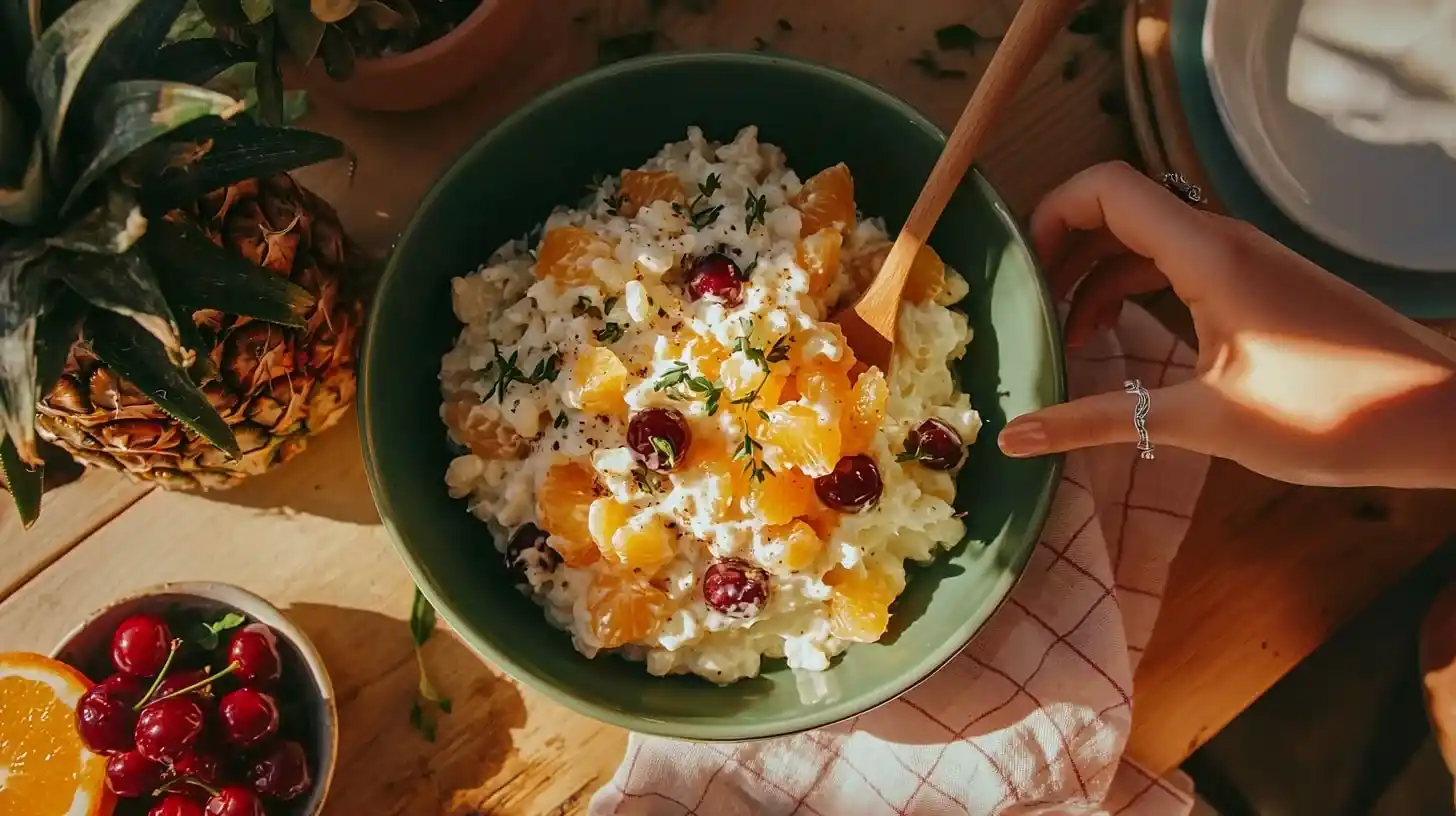 Creamy frog eye salad photo 028 with acini di pepe pasta, mandarin oranges, pineapple, and maraschino cherries in a sage green bowl
