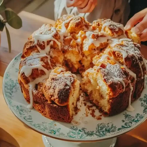 Gluten Free Monkey Bread: Pull-Apart Cinnamon Delight 3 Homemade gluten free monkey bread photo 3 with cinnamon-sugar coating being pulled apart on a blue cake stand