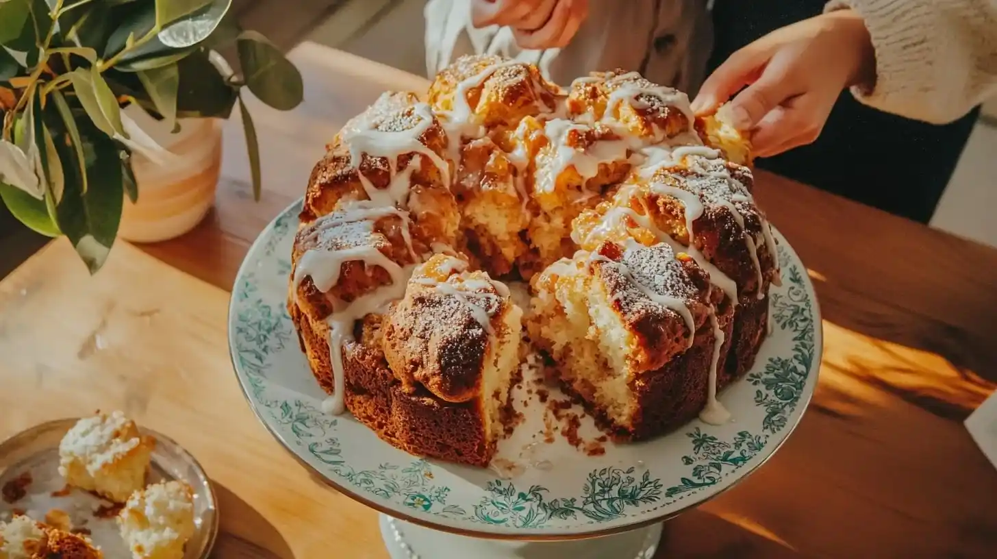 Homemade gluten free monkey bread photo 3 with cinnamon-sugar coating being pulled apart on a blue cake stand