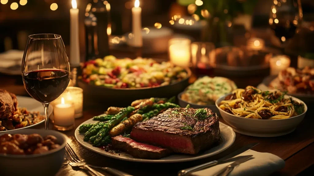 Lunch.A variety of lunch dishes, including sandwiches, salads, soups, and grilled meals, set on a bright dining table