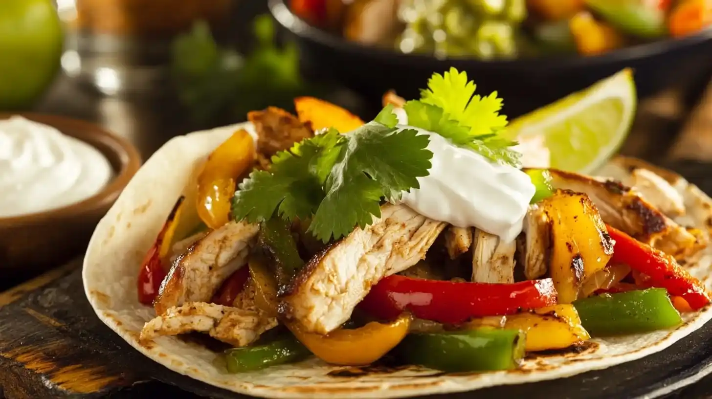 Chicken Fajitas Recipe – Easy, Flavorful & Perfectly Sizzling! 8 A sizzling Chicken Fajitas on a soft tortilla, topped with grilled chicken, sautéed bell peppers, onions, avocado, and sour cream, with lime on the side