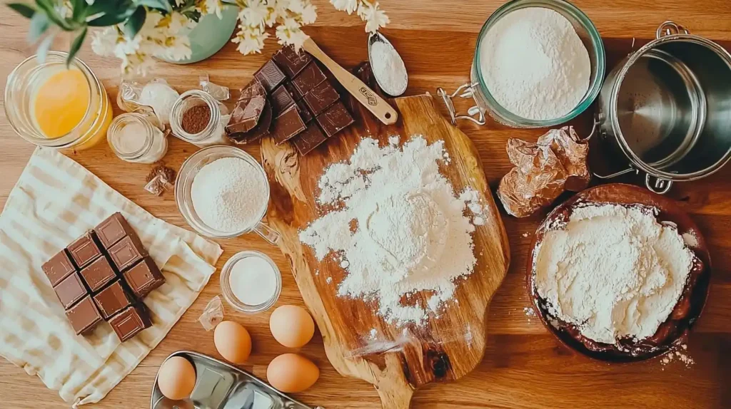Ding Dong Cake: Nostalgic Childhood Treat in Decadent Layer Cake Form 2 Ingredients for Ding Dong cake including cocoa powder, flour, sugar, eggs, and chocolate arranged on wooden surface