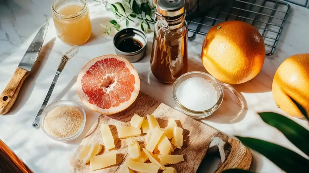 Candied Grapefruit Peel Recipe: Elegant Zero-Waste Citrus Treat 2 Ingredients for candied grapefruit peel photo 020 including fresh grapefruit, sugar, and corn syrup arranged on marble surface with cooking tools