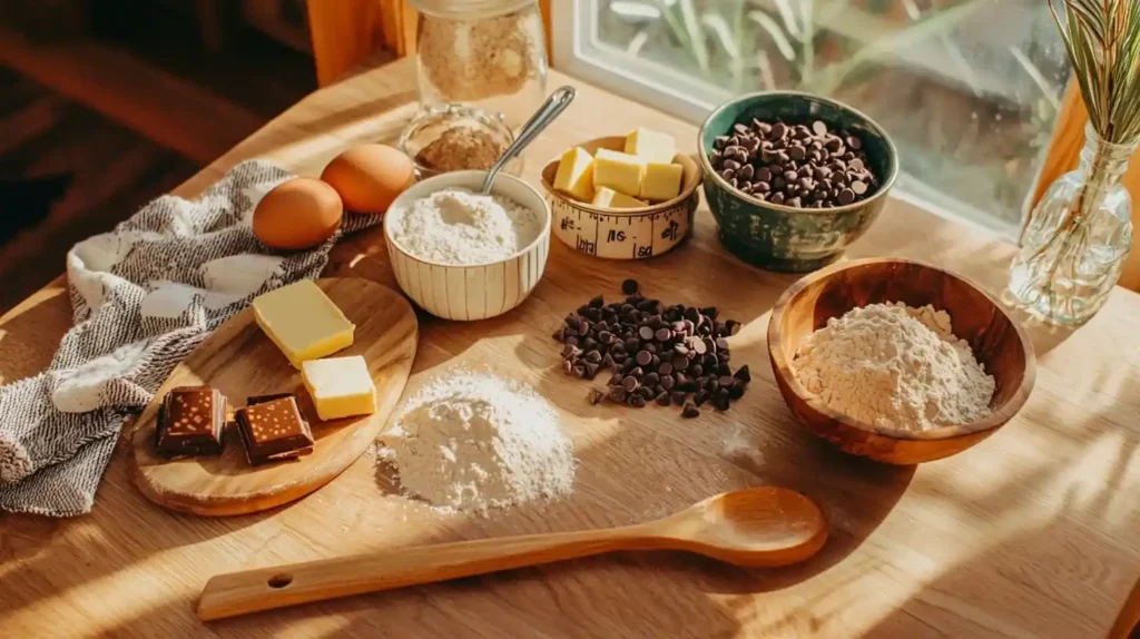 Chocolate Chip Cookies: The Perfect Batch Every Time 2 Ingredients for chocolate chip cookies including butter, sugars, flour, and chocolate chips arranged on wooden surface