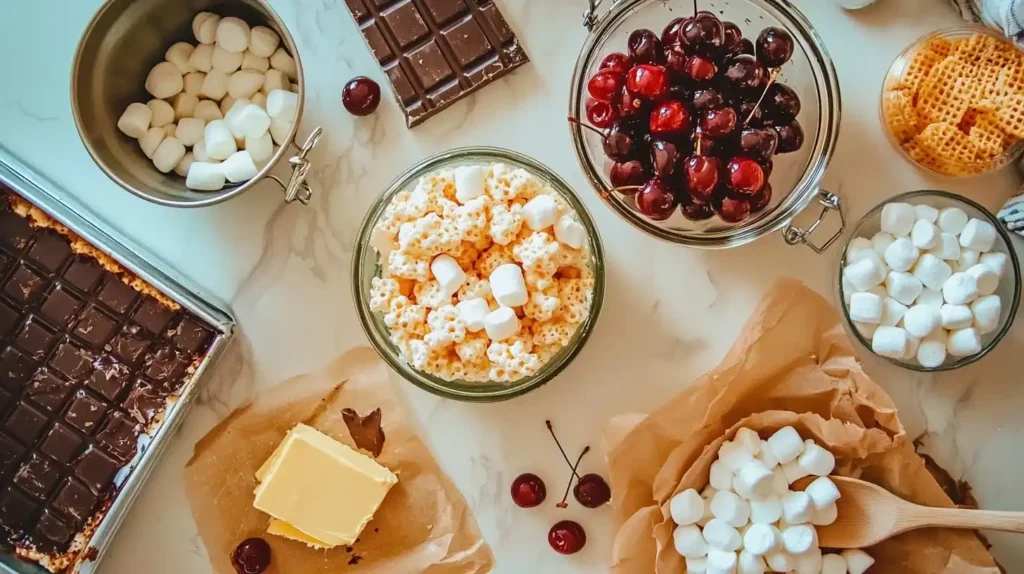 Chocolate Covered Cherry Rice Krispies Treat: Sweet Valentine Indulgence 2 Ingredients for chocolate covered cherry rice krispies treat photo11 including cereal, marshmallows, maraschino cherries, and chocolate on marble surface