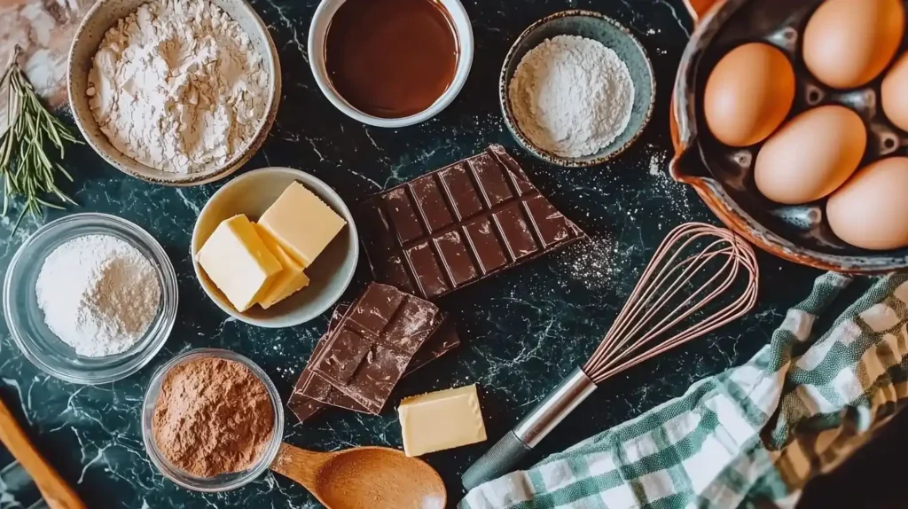 Chocolate Lava Cakes: Impressive Dessert with Warm Flowing 2 Ingredients for chocolate lava cakes photo 2 including chocolate bars, butter, eggs, and sugar arranged on marble surface