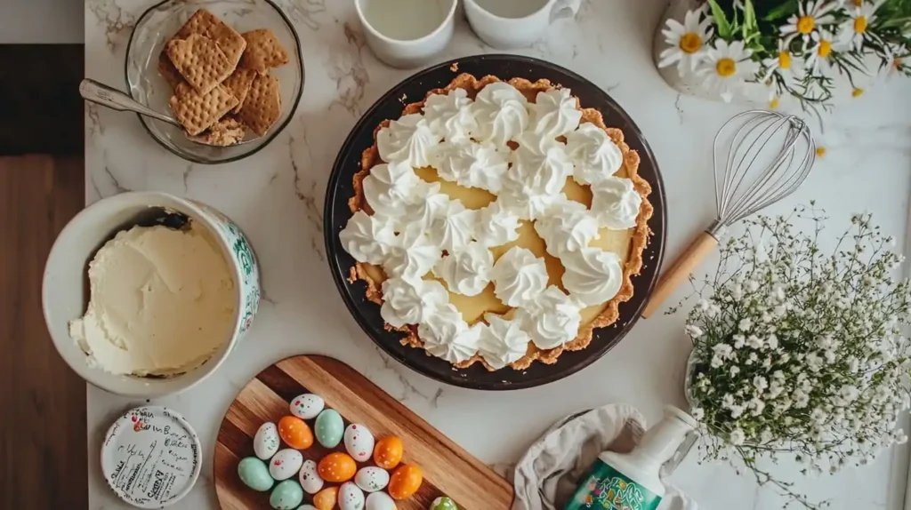 Easter Swirl Pie: Creamy Spring Dessert with Festive Pastel Colors 2 Ingredients for easter swirl pie photo 031 including cream cheese, condensed milk, graham crackers, and food coloring arranged on marble surface