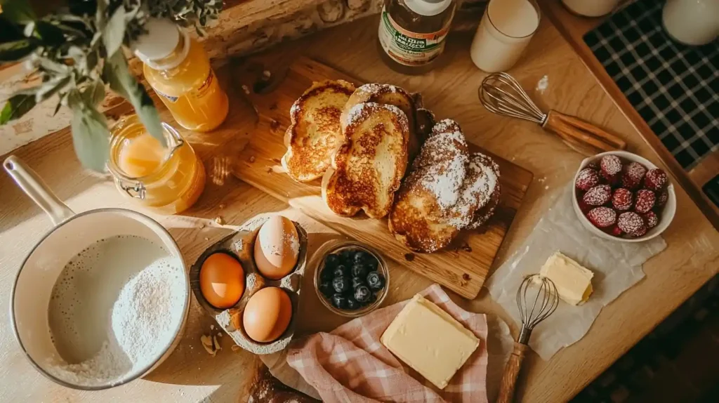 Classic French Toast: The Perfect Cozy Breakfast for Families 2 Ingredients for french toast photo 028 including bread, eggs, milk, cinnamon, maple syrup and fresh berries arranged on wooden surface