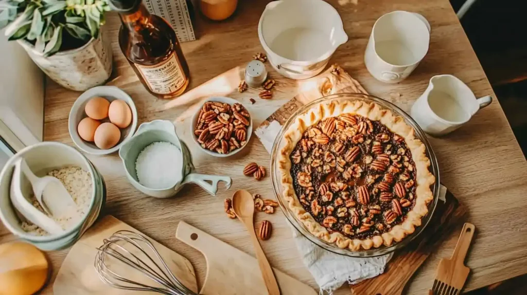 Pecan Pie Recipe: Southern Classic with Perfect Gooey Filling 2 Ingredients for pecan pie recipe photo 7 including pecans, corn syrup, brown sugar, eggs, and pie crust arranged on wooden surface