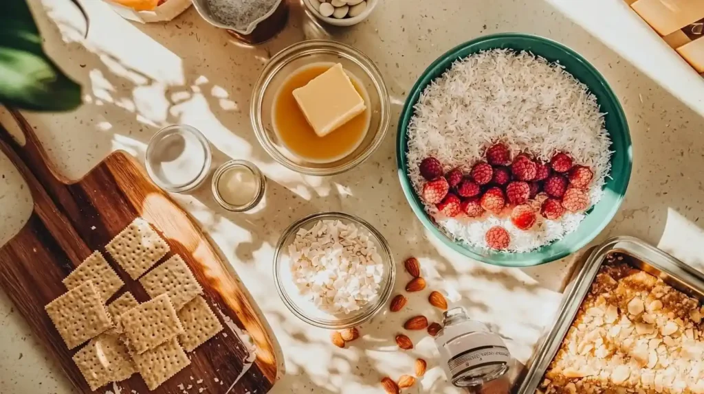 Raspberry Coconut Magic Bars: Sweet Layers of Tropical Delight 2 Ingredients for raspberry coconut magic bars PHOTO 7 including graham crackers, butter, condensed milk, coconut, and fresh raspberries arranged on marble surface