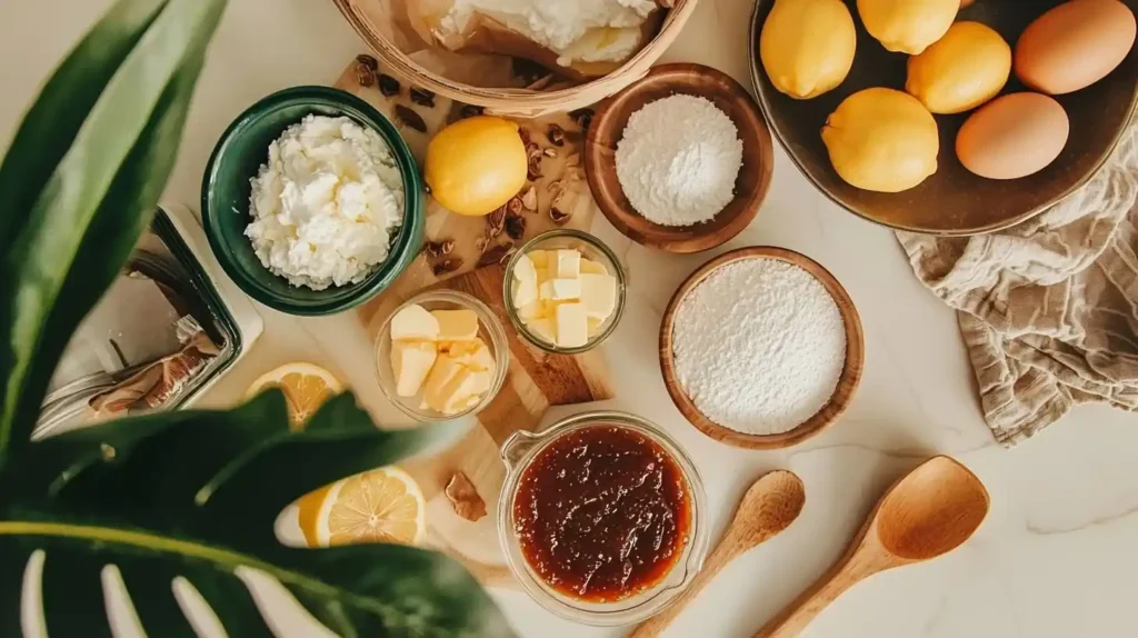 Ricotta and Lemon Marmalade Cake: Italian-Inspired Elegance 2 Ingredients for ricotta and lemon marmalade cake including ricotta cheese, lemons, marmalade, eggs, and flour arranged on marble surface