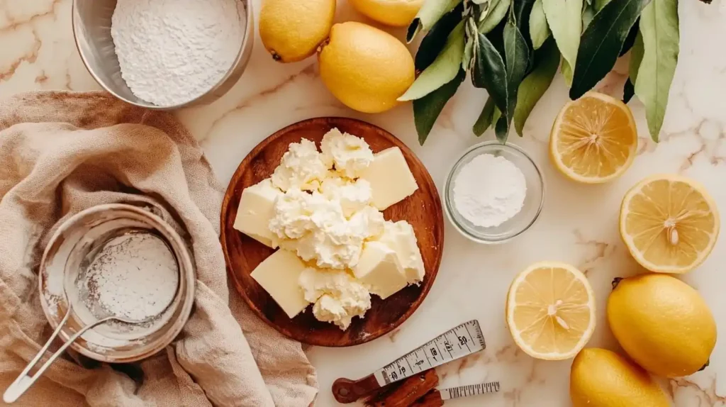 Stuffed Lemon Cookies: Bright Citrus Treats with Creamy Centers 2 Ingredients for stuffed lemon cookies including lemons, cream cheese, butter, flour, and sugar arranged on marble surface