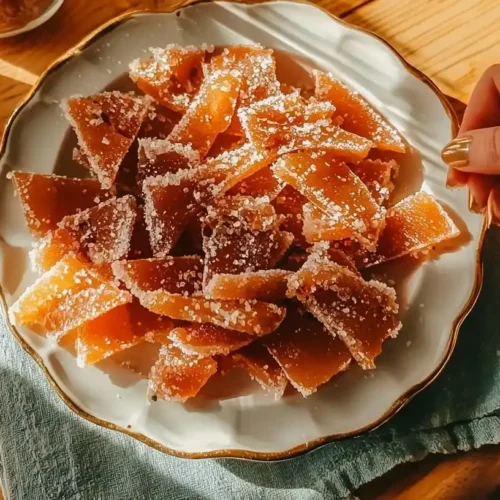 Candied Grapefruit Peel Recipe: Elegant Zero-Waste Citrus Treat 3 Homemade candied grapefruit peel photo 019 dusted with sugar arranged on a white porcelain plate with some pieces in a glass jar