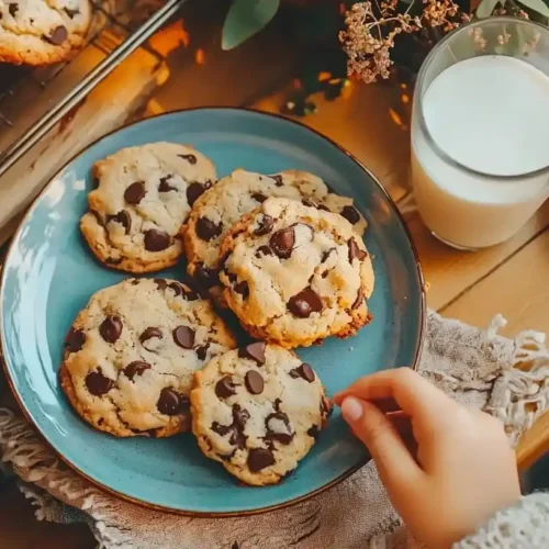 Chocolate Chip Cookies: The Perfect Batch Every Time 3 Homemade chocolate chip cookies with melty chocolate and soft centers on a blue plate with glass of milk