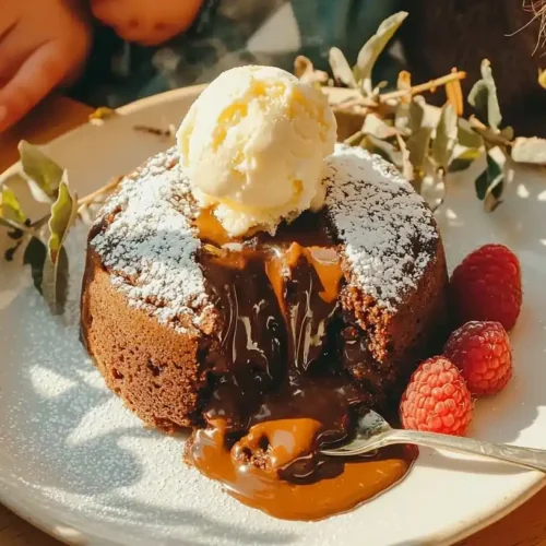 Chocolate Lava Cakes: Impressive Dessert with Warm Flowing 3 chocolate lava cakes photo 2 with flowing center, powdered sugar, and vanilla ice cream on white plate