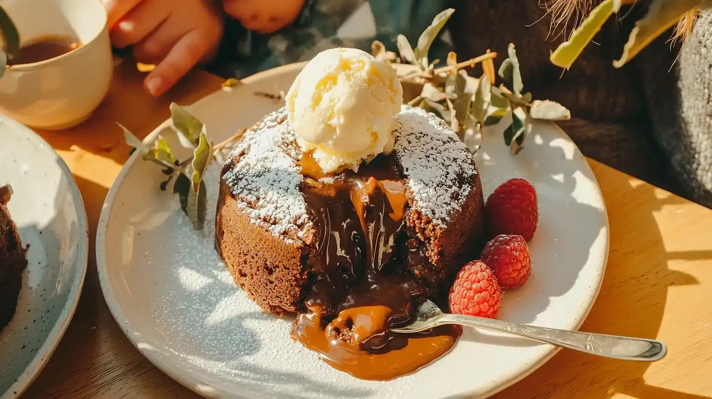 chocolate lava cakes photo 2 with flowing center, powdered sugar, and vanilla ice cream on white plate