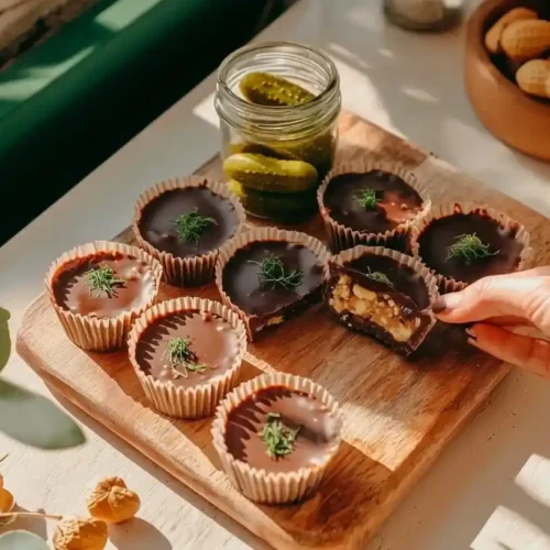 Dill Pickle Peanut Butter Cups Recipe: Sweet-Savory Flavor Adventure 3 Homemade dill pickle peanut butter cups photo 021 on wooden board with one cut open to show peanut butter filling with dill pickle pieces