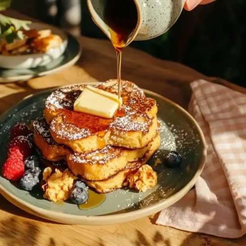 Classic French Toast: The Perfect Cozy Breakfast for Families 3 Stack of golden-brown french toast photo 027 with melting butter, maple syrup, and fresh berries on a sage green plate