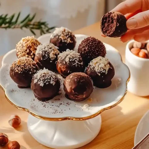 Homemade Chocolate Truffles: Easy Elegant Handmade 3 homemade chocolate truffles chocolat photo 015 with various coatings including cocoa powder, nuts, and coconut arranged on a white cake stand with one cut open