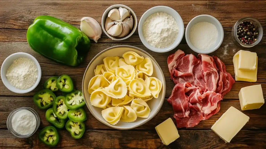 Cheesesteak Tortellini Provolone Sauce- Irresistible 30-Minute 2 A flat-lay image of Cheesesteak Tortellini ingredients, including cheese tortellini, sliced beef, bell peppers, onions, provolone cheese, Parmesan, butter, milk, flour, and seasoning.