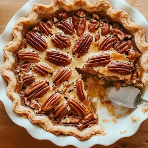 Pecan Pie Recipe: Southern Classic with Perfect Gooey Filling 3 Homemade pecan pie recipe photo 7 with golden crust and gooey filling with perfectly arranged pecans on top, with a slice being served