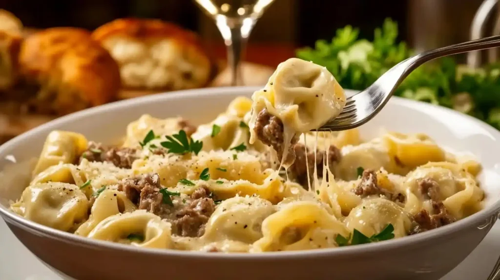 Cheesesteak Tortellini Provolone Sauce- Irresistible 30-Minute 4 A plated bowl of Cheesesteak Tortellini, garnished with Parmesan and parsley, with a fork twirling a cheesy bite. A glass of wine and garlic bread sit in the softly blurred background.