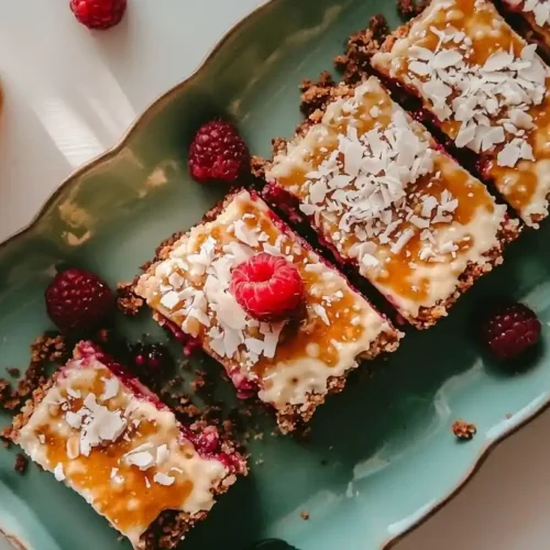 Raspberry Coconut Magic Bars: Sweet Layers of Tropical Delight 3 raspberry coconut magic bars PHOTO 7 with layers of graham cracker crust, coconut, and fresh raspberries on an aqua serving platter