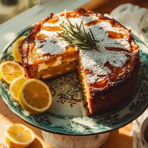 Ricotta and Lemon Marmalade Cake: Italian-Inspired Elegance 3 Homemade ricotta and lemon marmalade cake with powdered sugar dusting and slice showing moist interior with lemon swirls