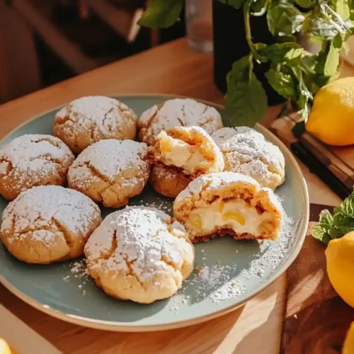 Stuffed Lemon Cookies: Bright Citrus Treats with Creamy Centers 3 Homemade stuffed lemon cookies with creamy centers and powdered sugar dusting on blue plate with fresh lemon garnish