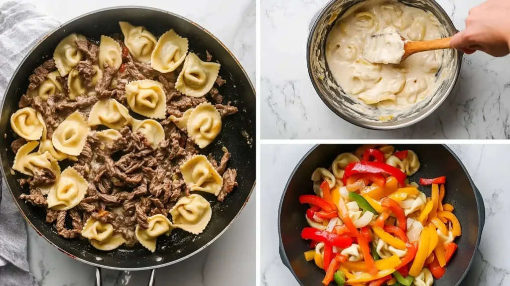 Cheesesteak Tortellini Provolone Sauce- Irresistible 30-Minute 3 A four-image collage showing the step-by-step process of making Cheesesteak Tortellini Provolone Sauce, including searing beef, sautéing vegetables, preparing the cheese sauce, and mixing everything together.
