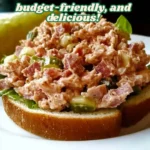 Close-up of a Bologna Salad (Old Recipe) served on a slice of white bread with lettuce, featuring diced bologna, pickles, and a flavorful dressing.
