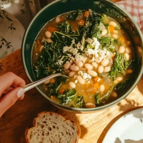 Escarole and Bean Soup: Hearty Italian Comfort in a Bowl 2 Steaming bowl of escarole and bean soup with visible white cannellini beans and tender greens in sage green ceramic bowl.Escarole and Bean Soup Hearty Italian Comfort in a Bowl