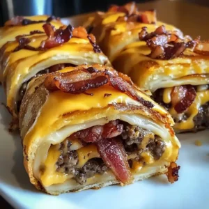 Garlic Butter Bacon Cheeseburger Rollups Recipe 5 Garlic Butter Bacon Cheeseburger Rollups.Close-up of a cheesy bacon-wrapped ground beef roll, sliced into portions, revealing melted cheese, crispy bacon, and a golden-brown crust.