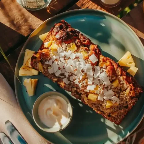 A Taste of the Tropics – Hawaiian Banana Bread 3 Slice of Hawaiian banana bread recipe showing moist texture with pineapple and coconut, a quick and easy tropical breakfast for busy families.