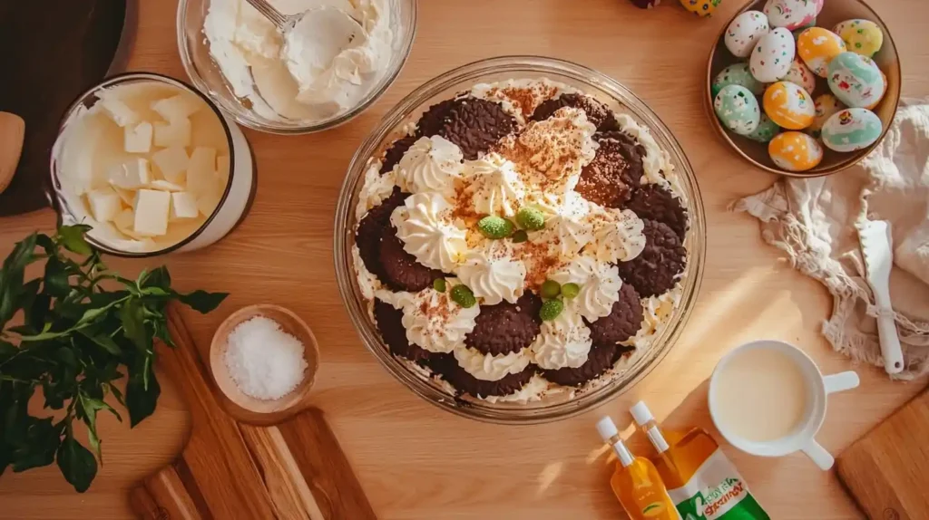 Easter Dirt Cake Casserole: Playful Spring Dessert Kids Love 2 Ingredients for Easter dirt cake casserole including cookies, cream cheese, pudding, and Easter decorations arranged on wooden surface