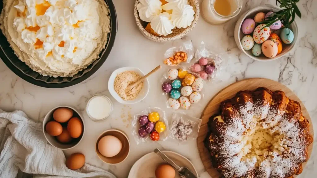 Easter Poke Cake: Colorful Spring Dessert with Festive Flair 2 Ingredients for Easter poke cake including cake mix, colored gelatin, whipped topping, and decorations arranged on marble surface