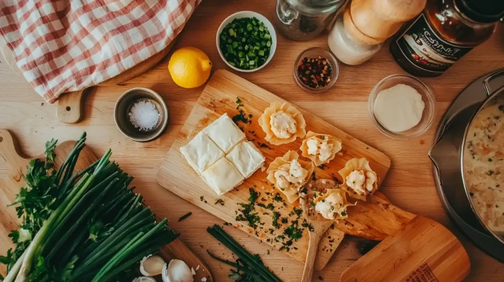 Crab Rangoon Bombs: Easy Appetizers with Asian-Inspired Flavor 2 Ingredients for crab rangoon bombs photo 25 including wonton wrappers, cream cheese, lump crab meat, green onions, and seasonings on wooden surface