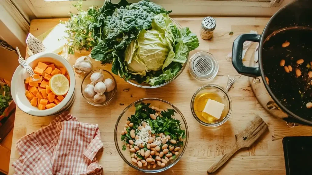 Escarole and Bean Soup: Hearty Italian Comfort in a Bowl 3 Ingredients for escarole and bean soup including fresh escarole, cannellini beans, vegetables, herbs, and parmesan arranged on wooden surface