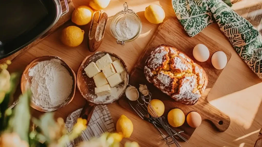 Lemon Cream Cheese Bread: Bright Citrus Loaf with Tangy Richness 2 Ingredients for lemon cream cheese bread including lemons, cream cheese, flour, sugar, and butter arranged on wooden surface