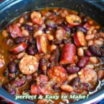 A hearty and flavorful Slow Cooker Kielbasa and Barbecue Beans sausage, kidney beans, black beans, and Great Northern beans in a rich, tangy barbecue sauce.