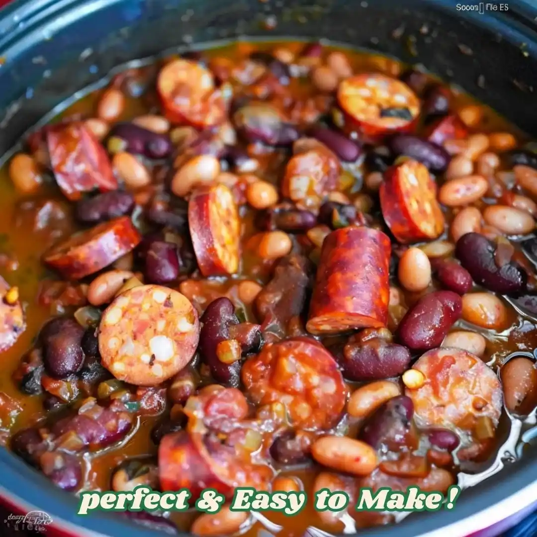 A hearty and flavorful Slow Cooker Kielbasa and Barbecue Beans sausage, kidney beans, black beans, and Great Northern beans in a rich, tangy barbecue sauce.