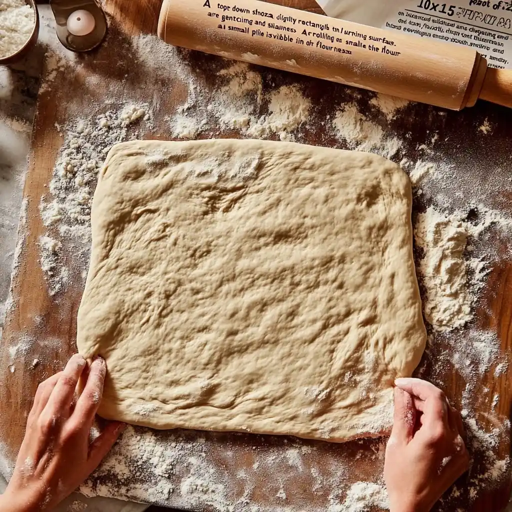 Garlic Butter Bacon Cheeseburger Rollups Recipe 3 Step 2 Prep The Dough.Pizza dough being stretched into a 10x15-inch rectangle on a floured surface, ready to be topped with cheeseburger fillings.