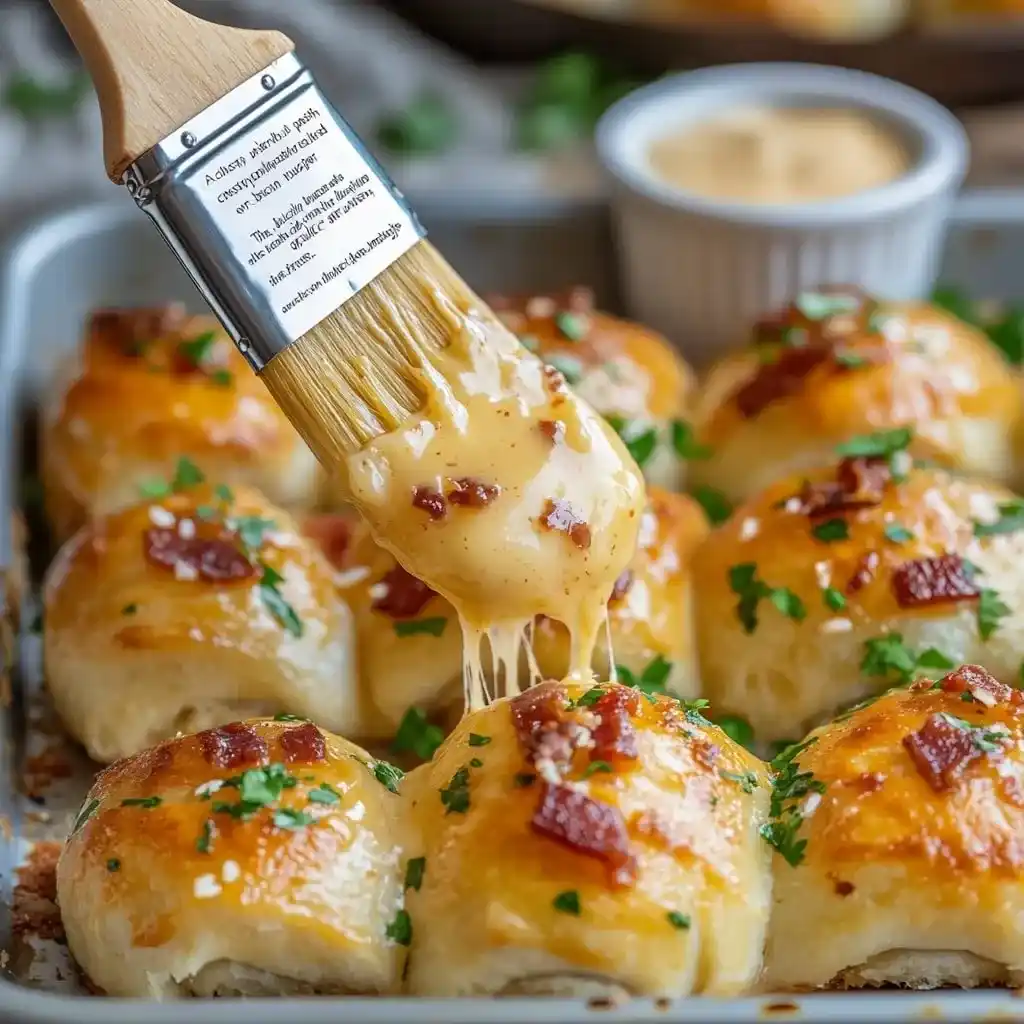 Garlic Butter Bacon Cheeseburger Rollups Recipe 4 Step 5 Brush With Garlic Butter.A pastry brush spreading melted garlic butter over freshly baked cheeseburger rollups, with flecks of garlic and parsley visible.